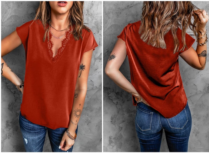 lime flare Women Sexy Summer Lace Trim Satin T-Shirt Tops Dressy Silk Blouse Tank Shirt, Red Eyelash Lace Short Sleeve,X-Large - Image 4